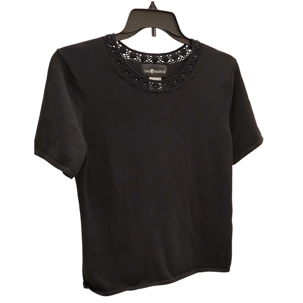 Sag Harbour Size Small Black Short Sleeve Blouse. Lace at Top